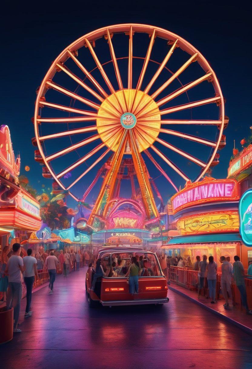 A vibrant and colorful scene showcasing a lively amusement park filled with joyous people experiencing thrilling rides and games, intertwined with subtle hints of adult cinematic elements, like stylized film reels and playful icons. Include a lively atmosphere with neon lights and whimsical decorations, representing happiness and fun. super-realistic. vibrant colors. 3D.