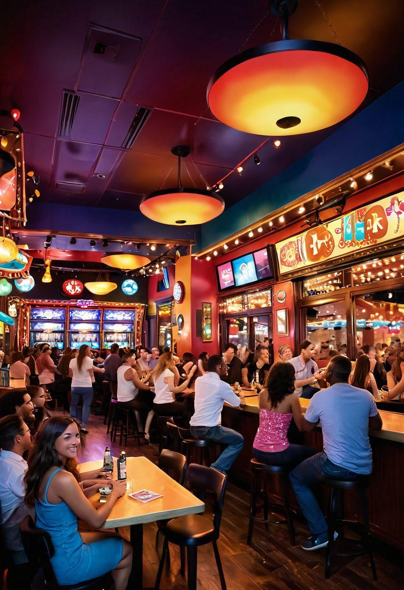 A vibrant and inviting scene depicting a lively adult entertainment venue filled with playful patrons enjoying themselves. Incorporate elements of laughter, colorful lights, and engaging activities such as dancing and games, all radiating a sense of joy and pleasure. The atmosphere should be warm and welcoming, with an emphasis on fun interactions. Emphasize diversity in the characters to reflect inclusivity. bright colors. whimsical art. playful atmosphere.