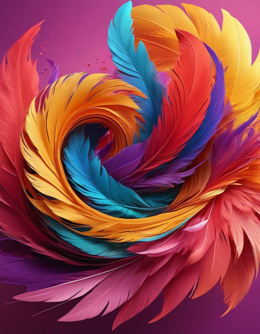 An abstract representation of pleasure and satisfaction, featuring vibrant colors swirling together, symbolizing indulgence and delight. Include subtle hints of playful elements like feathers and flowers to convey a sense of warmth and seduction. The composition should be dynamic yet harmonious, evoking a feeling of liberation and joy. Use soft gradients for a dreamy effect. 3D. vibrant colors.